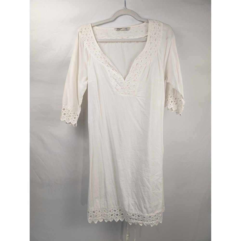 Eyelet Trim‎ V Neck Mini Dress Size M White Boho Beach Resort Vacation Coastal